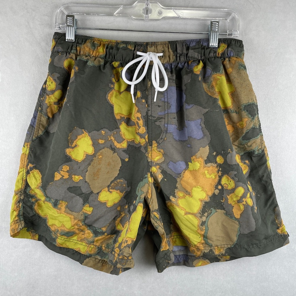 Urban Outfitters Mens Abstract Camo Swim Trunks Green Yellow Blue Nylon‎ M Gorp